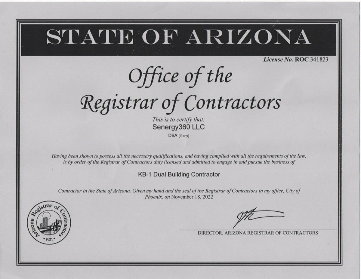 State of Arizona Registrar of Contractors license ROC 341823 issued to Senergy360 LLC as a KB-1 Dual Building Contractor