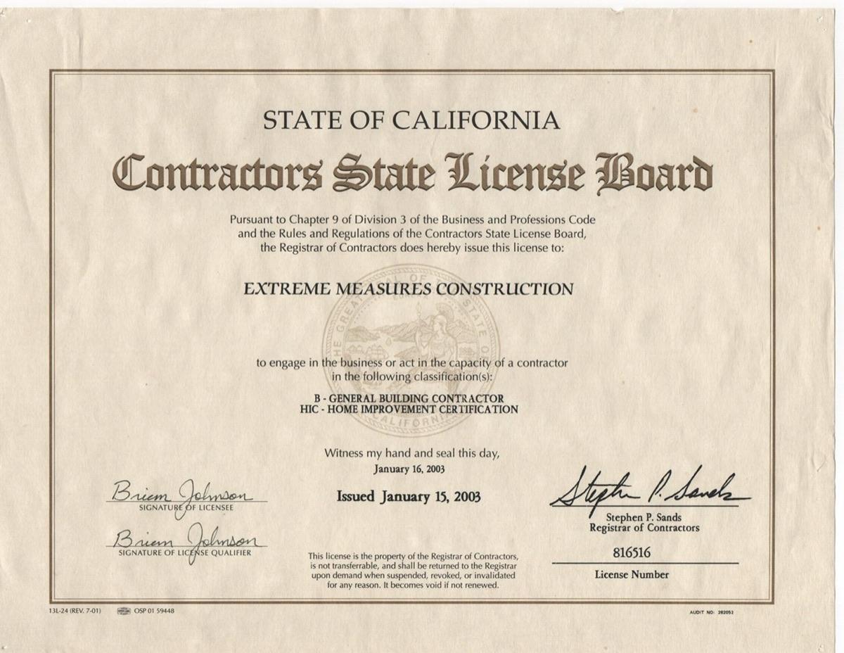 State of California Contractors State License Board license 816516, B General Building Contractor with Home Improvement Certification, Brian Johnson licensee and qualifier
