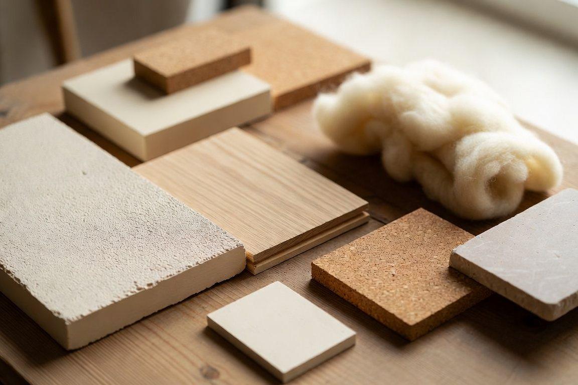 Samples of healthy building materials: lime plaster, white oak, mineral paint, cork and stone
