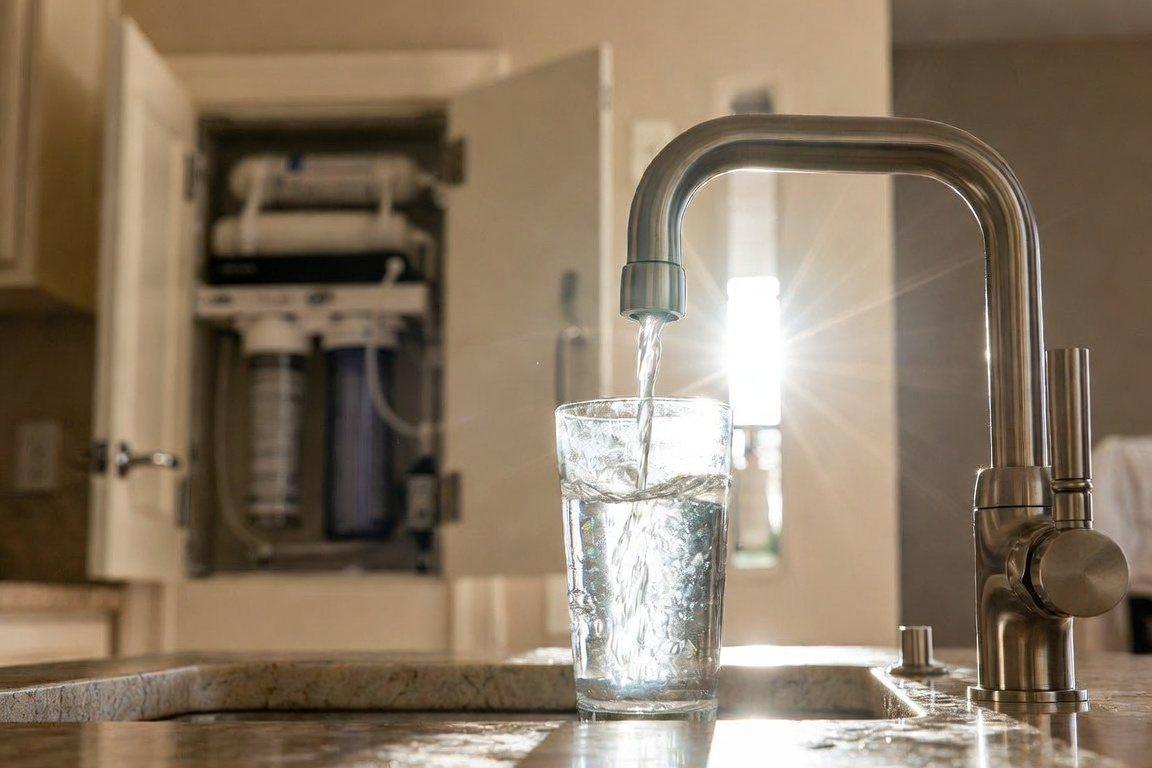 Glass of water filling from a filtered kitchen tap with whole-home filtration behind