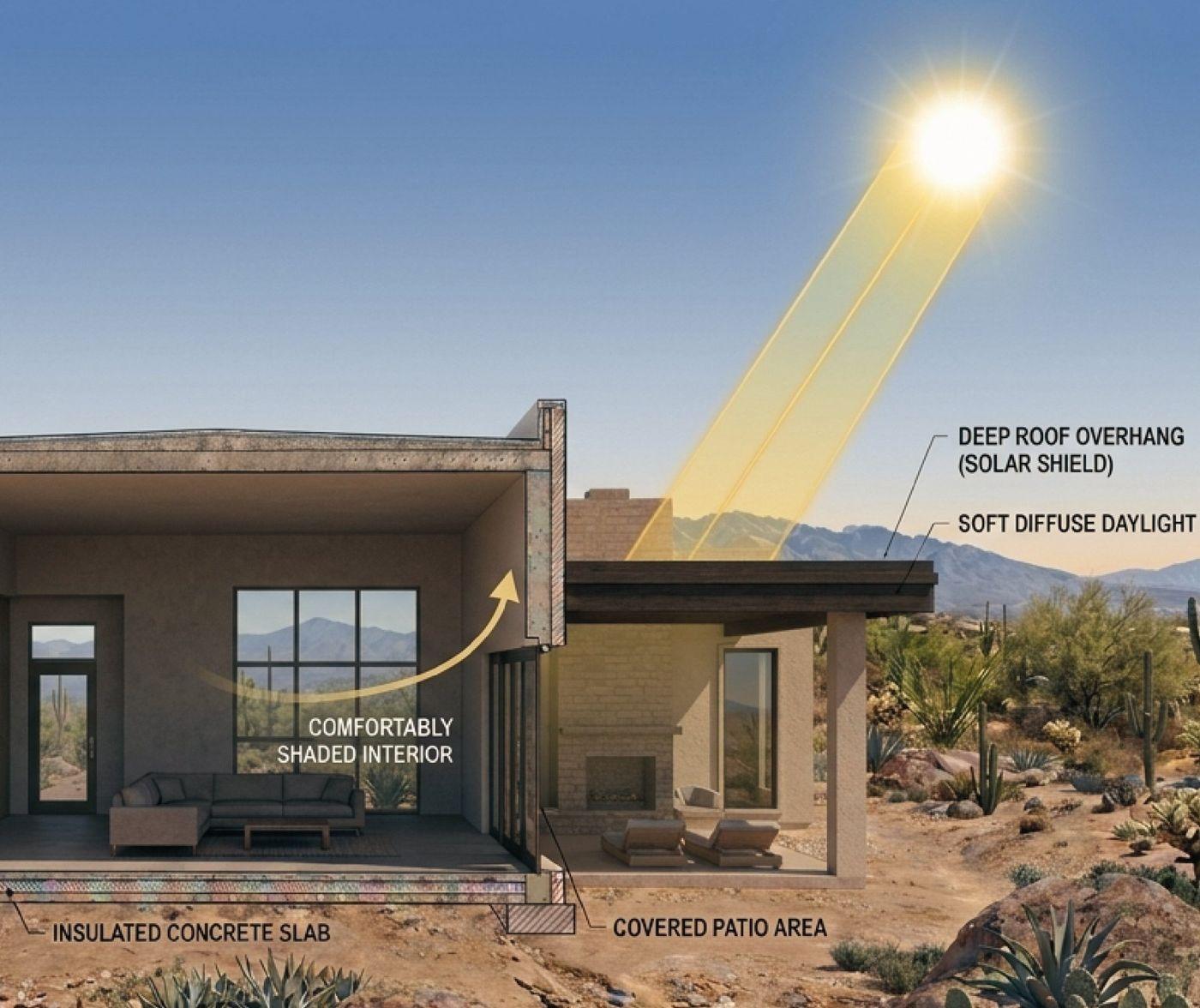 Section rendering of a desert home showing deep roof overhangs, soft diffuse daylight and an insulated concrete slab