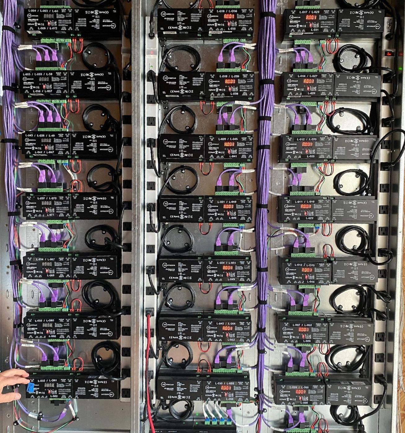 Structured-wiring rack with labeled network and control circuits