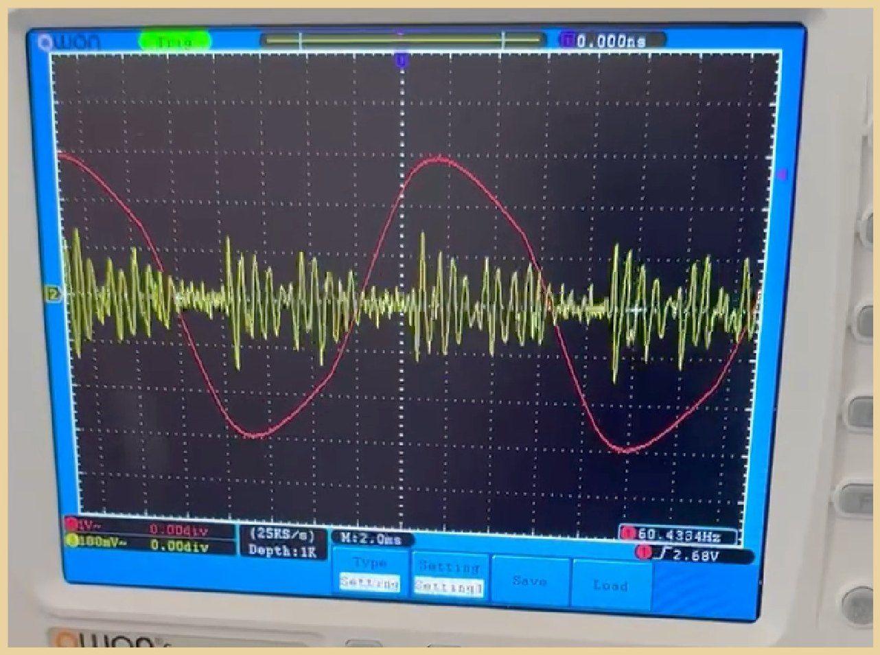 Oscilloscope trace showing electrical noise on a power line