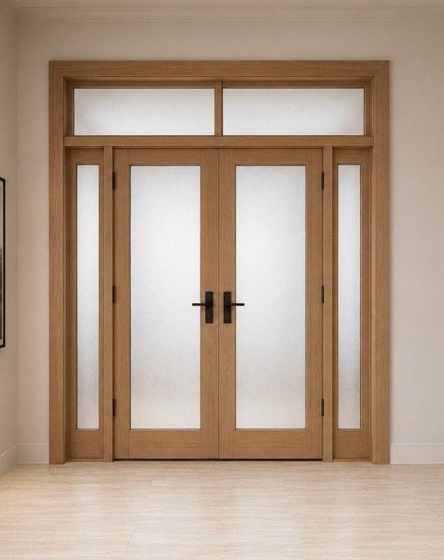 Solid wood French doors with transom glazing