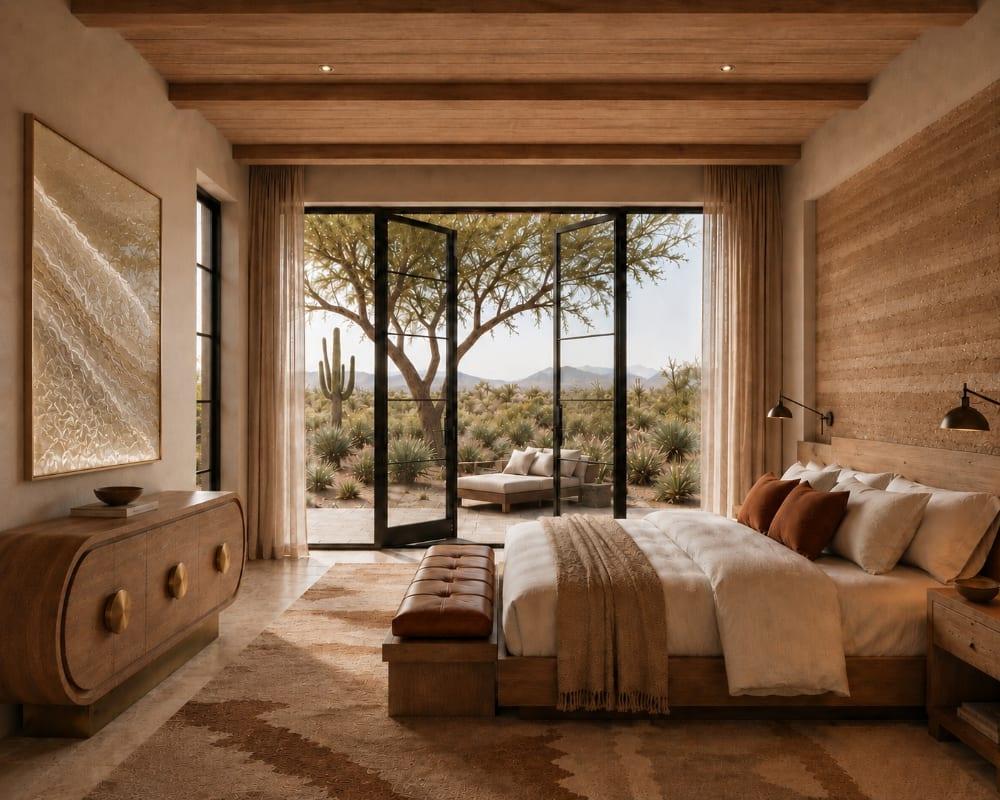 ELEMENT by SENERGY360 master bedroom with organic bedding, rammed earth wall, and doors to the desert