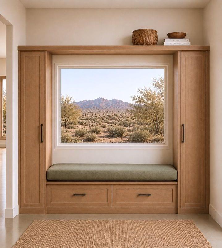 Entry built-in wood bench with window seat and desert view