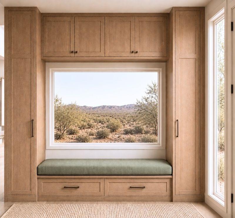 Upgraded entry built-in with additional storage and organic upholstery