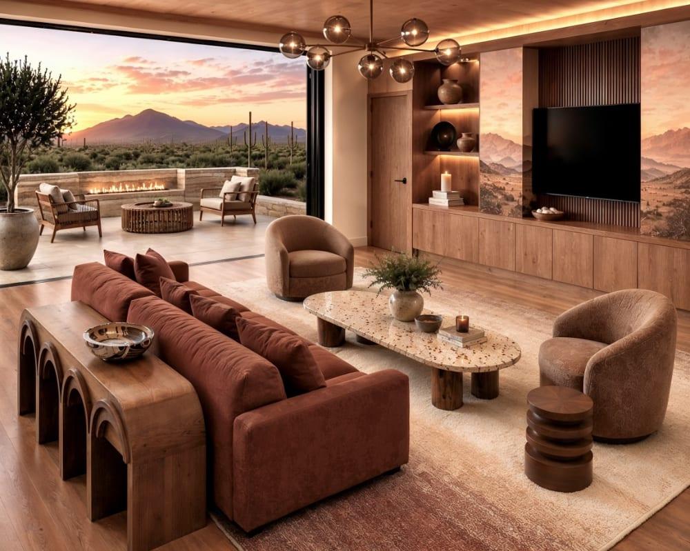 Upgraded great room with sculpted plaster fireplace and arched display niches