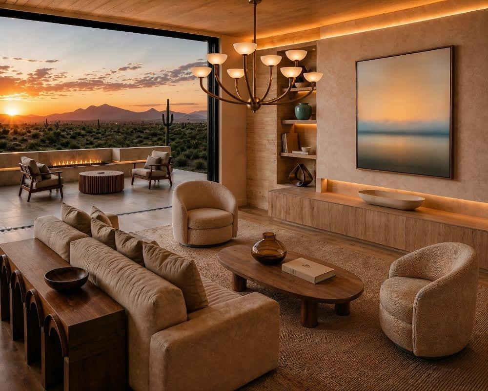ELEMENT by SENERGY360 living room at sunset with organic furnishings and desert views