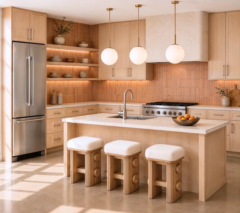 ELEMENT by SENERGY360 standard kitchen with wood cabinetry, quartzite island, and designer pendants
