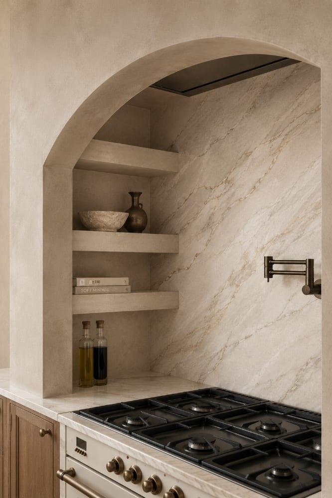 Arched plaster range alcove with stone shelving