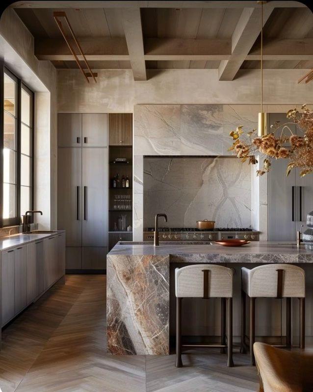 Kitchen with coffered ceiling and stone island