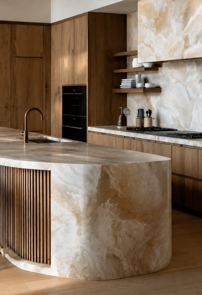 Curved stone island with fluted wood details