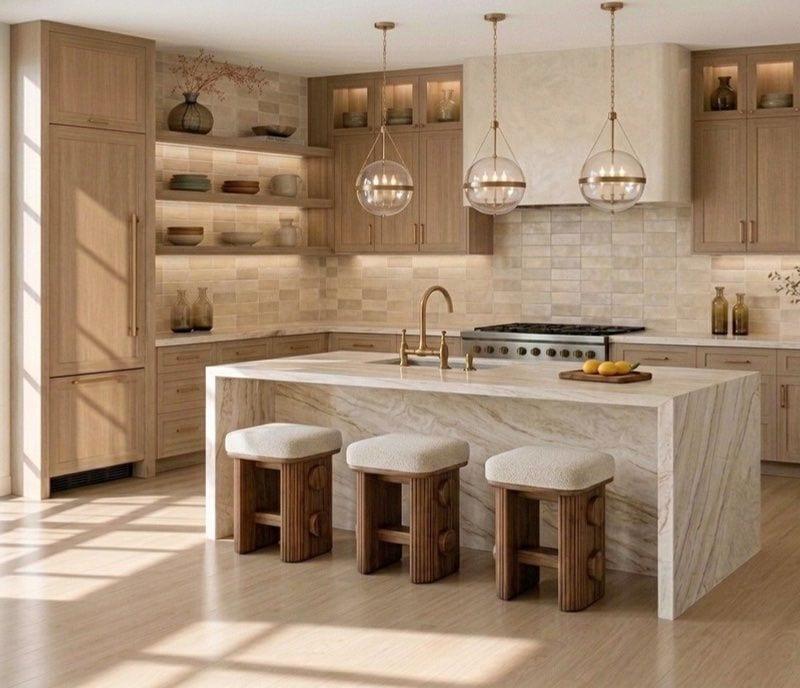 Upgraded ELEMENT by SENERGY360 kitchen with natural quartzite waterfall island and Zellige backsplash