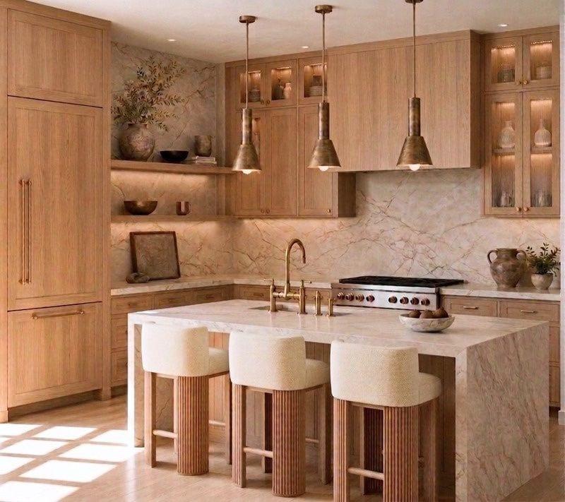 Upgraded ELEMENT by SENERGY360 kitchen with paneled appliances and stone slab backsplash