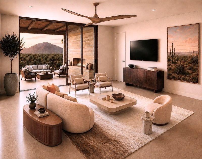 ELEMENT by SENERGY360 living room opening to a covered lanai with desert and mountain views