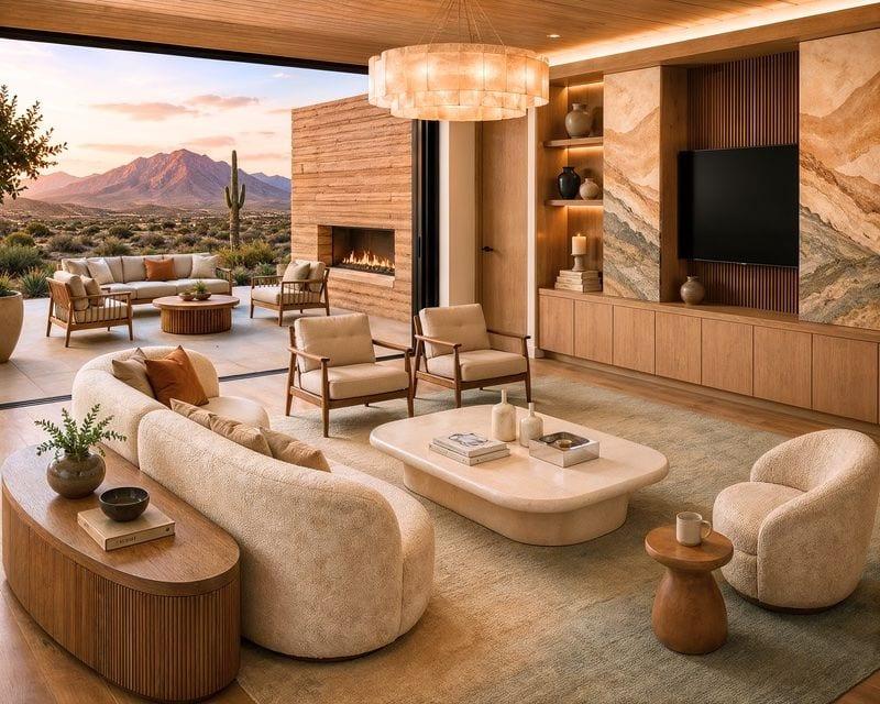 Upgraded ELEMENT by SENERGY360 living room with rammed earth fireplace wall and custom media center
