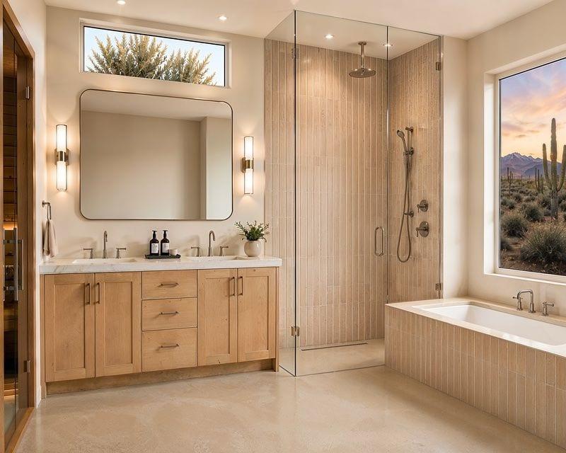 ELEMENT by SENERGY360 master bath with wood vanity, resin tub, and desert views