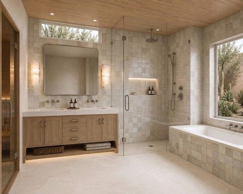 Upgraded master bath with hand-made Zellige tile shower