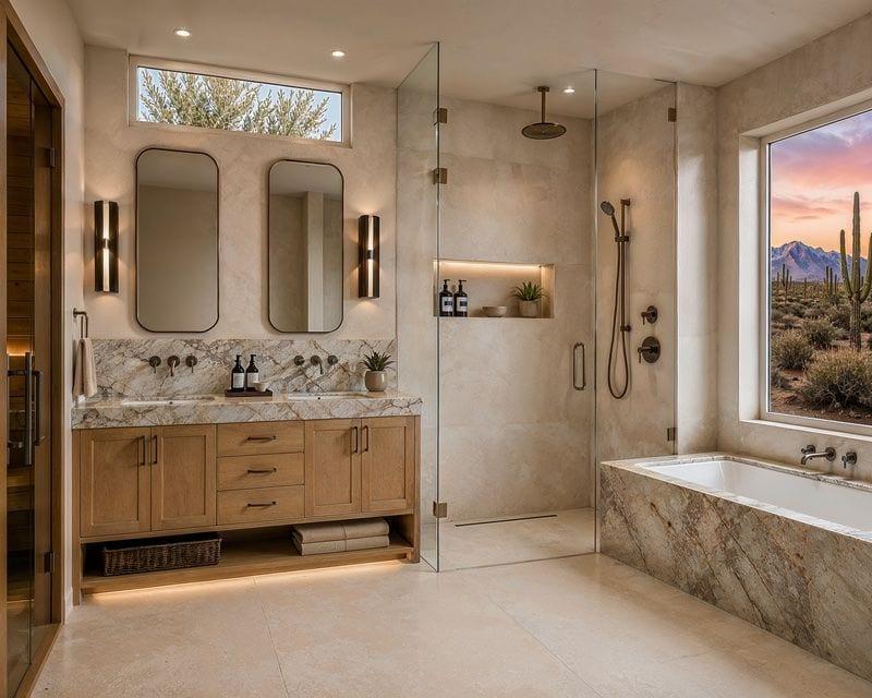 Upgraded master bath with natural stone countertops and designer fixtures