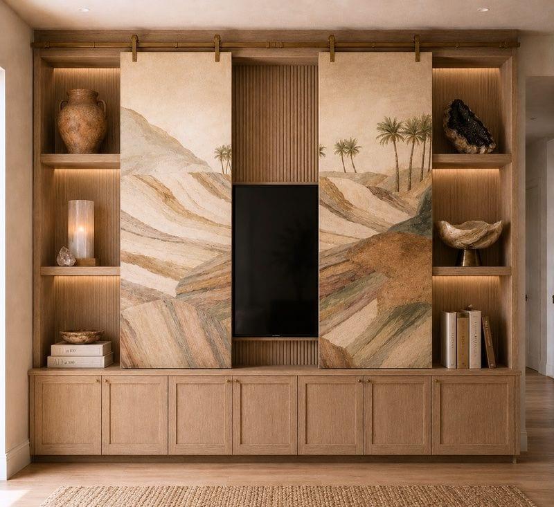 Built-in media cabinetry with custom desert mural panels