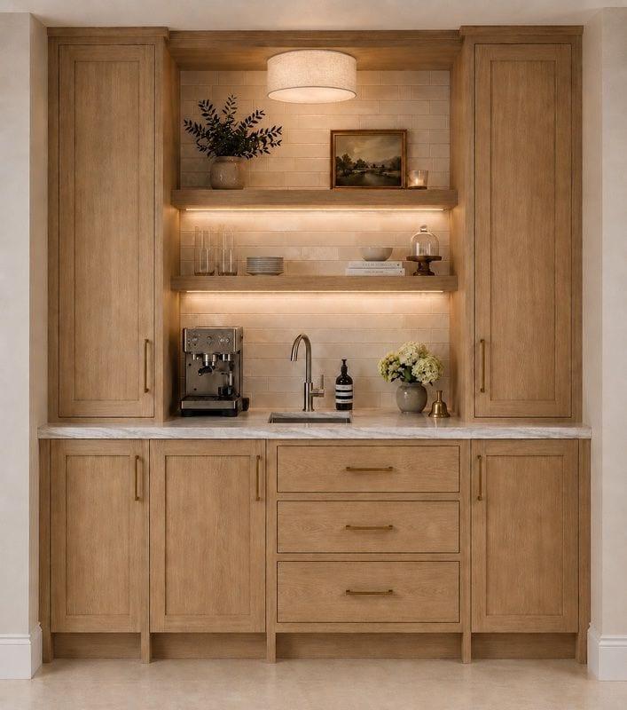 Standard butler's pantry with wood cabinets and ceramic tile backsplash