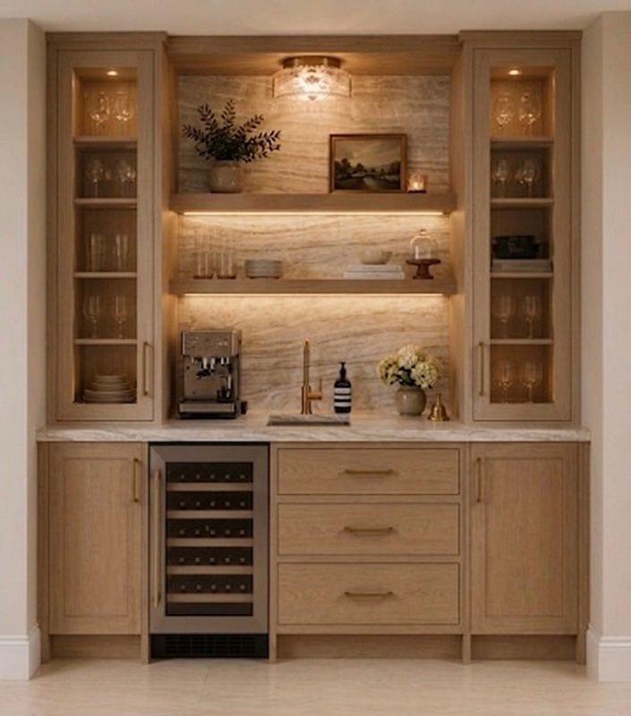 Upgraded butler's pantry with natural quartzite and wine refrigerator