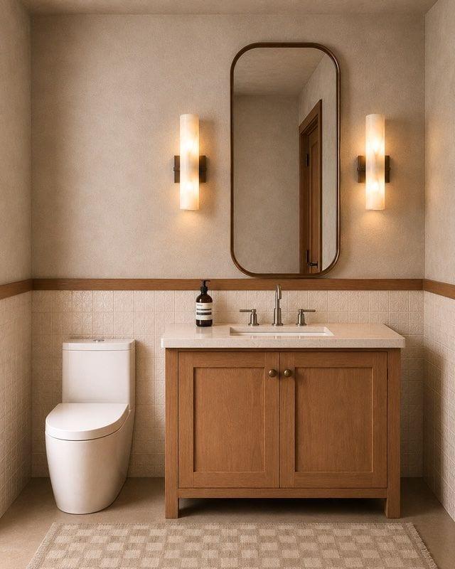 Powder room in warm desert tones with breathable clay finish