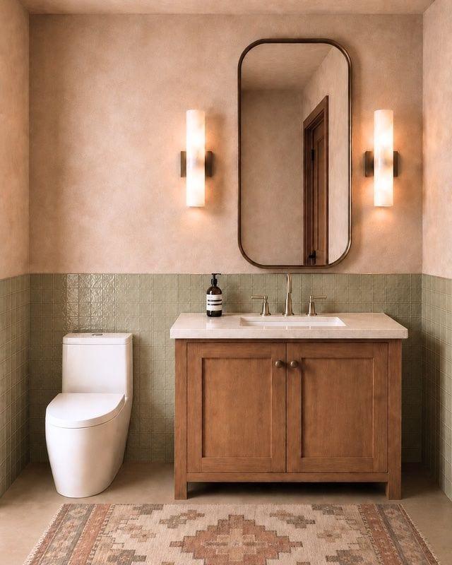Powder room with wood vanity and hand-applied clay walls