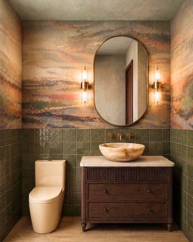 Upgraded powder room with desert mural wallpaper and stone vessel sink
