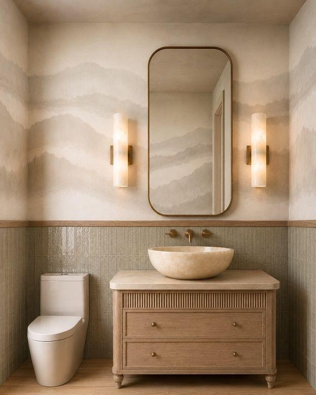 Upgraded powder room with sculptural lighting and stone vessel sink