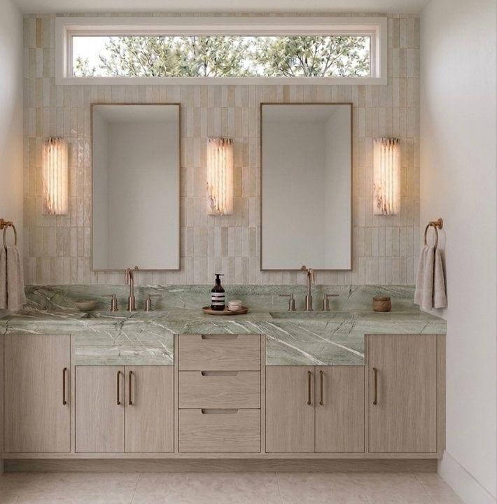 Double vanity with apron-front stone sinks
