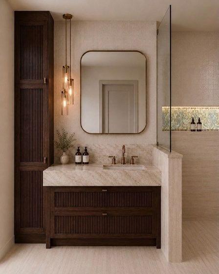 Fluted wood vanity with extra thick stone countertop