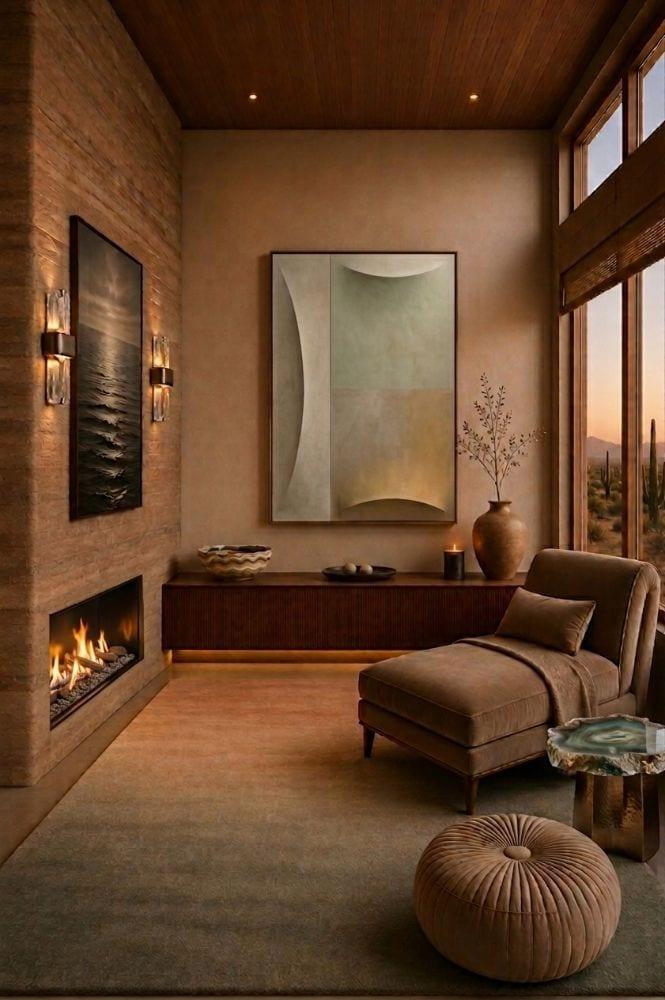 Upgraded ELEMENT by SENERGY360 lounge with rammed earth fireplace and velvet chaise
