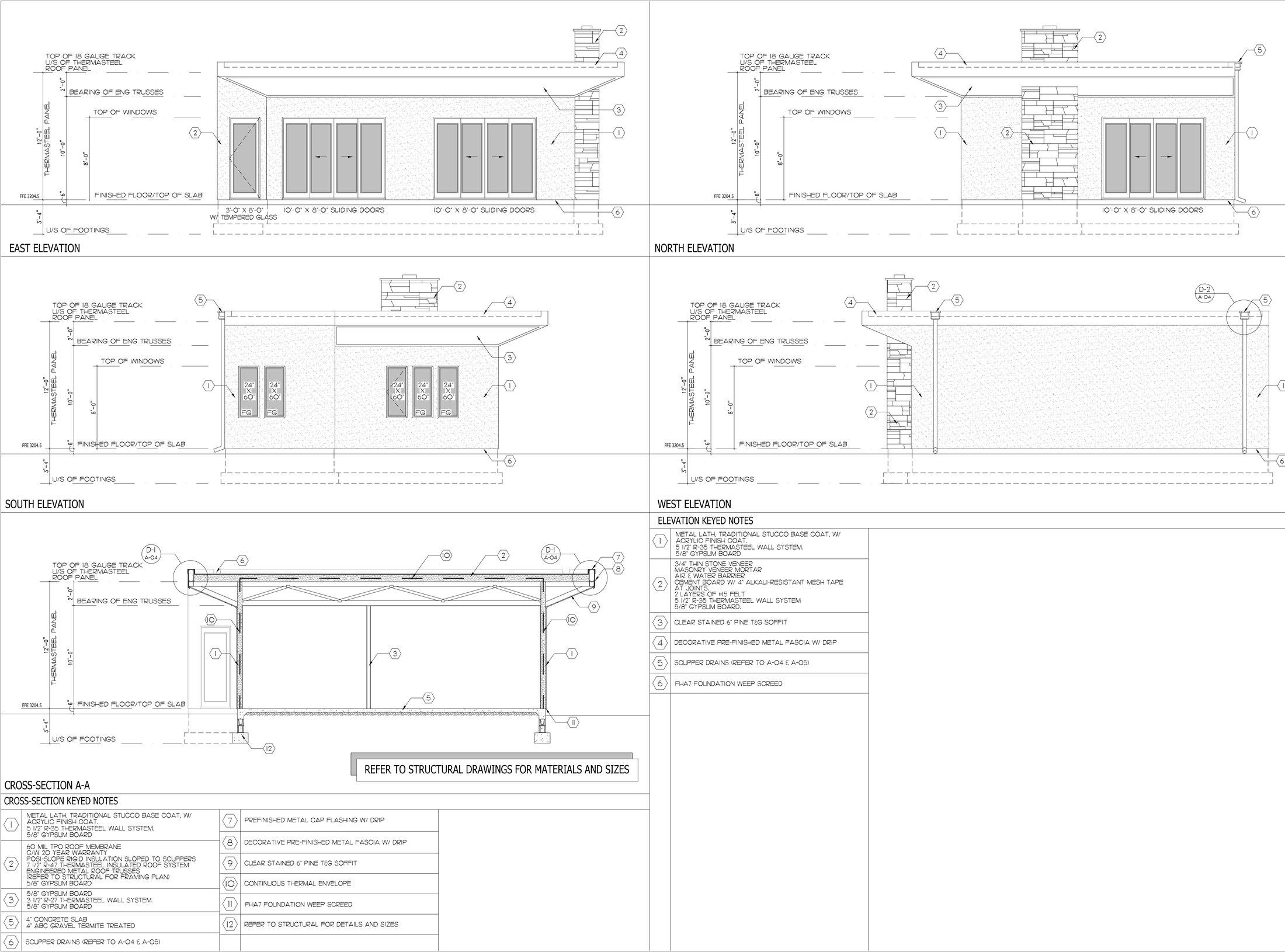 Casita east, north, south, and west elevations with cross-section A-A