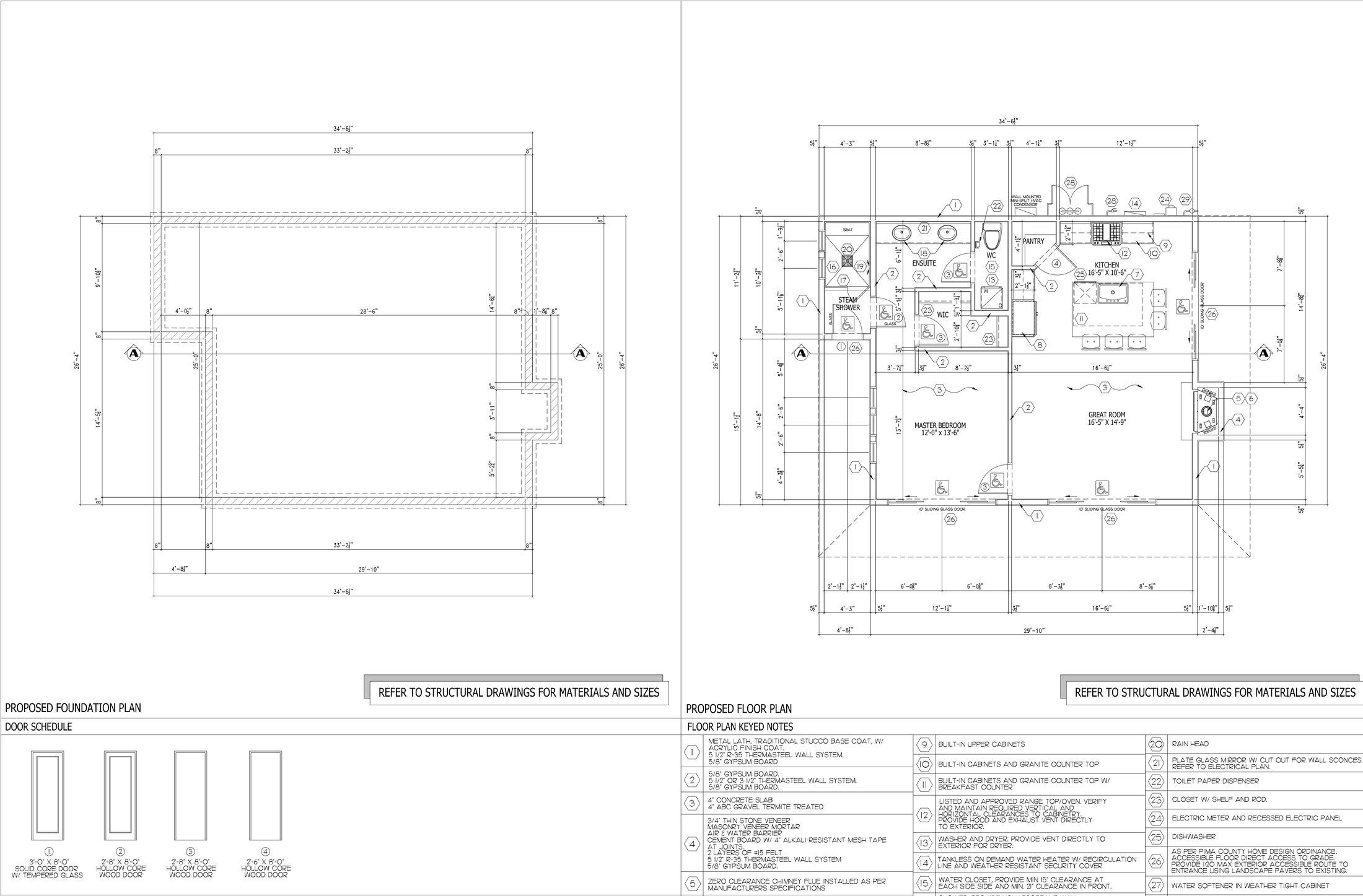 Casita proposed floor plan and foundation plan with door schedule