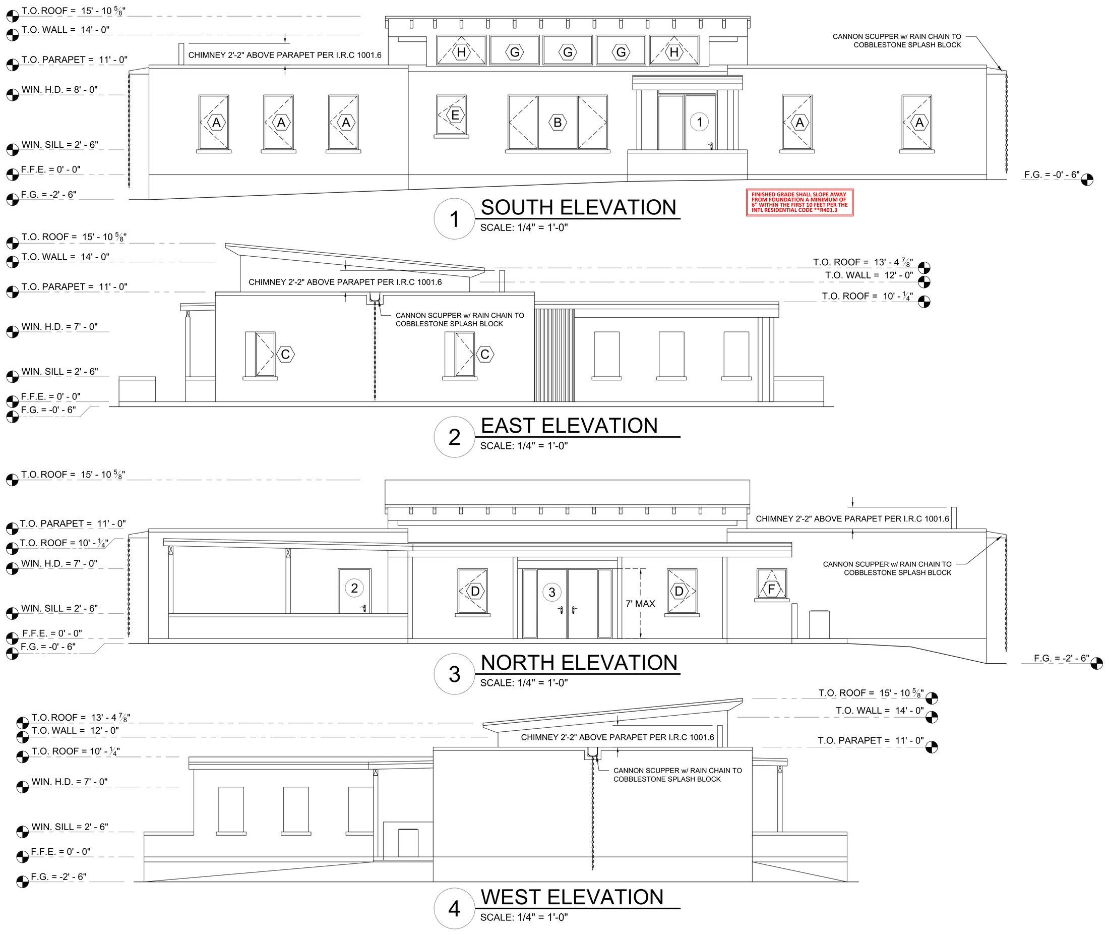 Rammed earth home south, east, north, and west exterior elevations