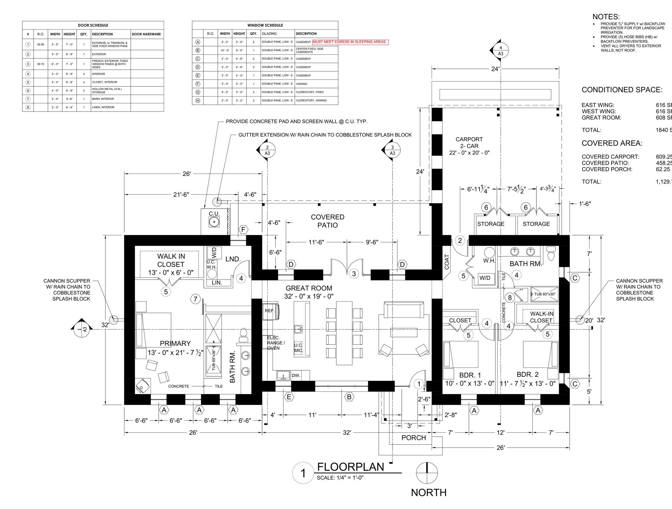 Rammed earth home floor plan: great room, primary suite, covered patio, and 2-car carport