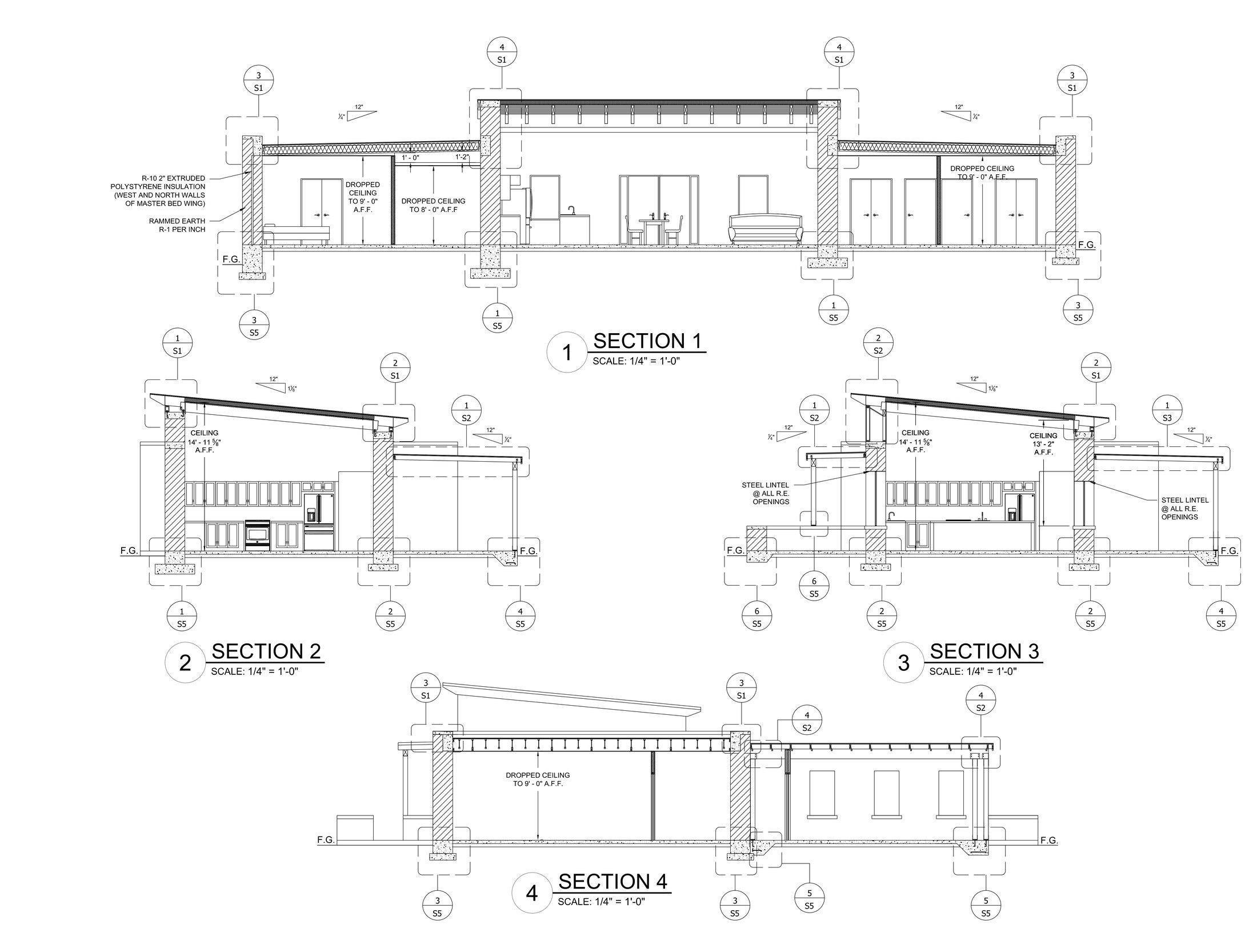 Building sections through the rammed-earth walls
