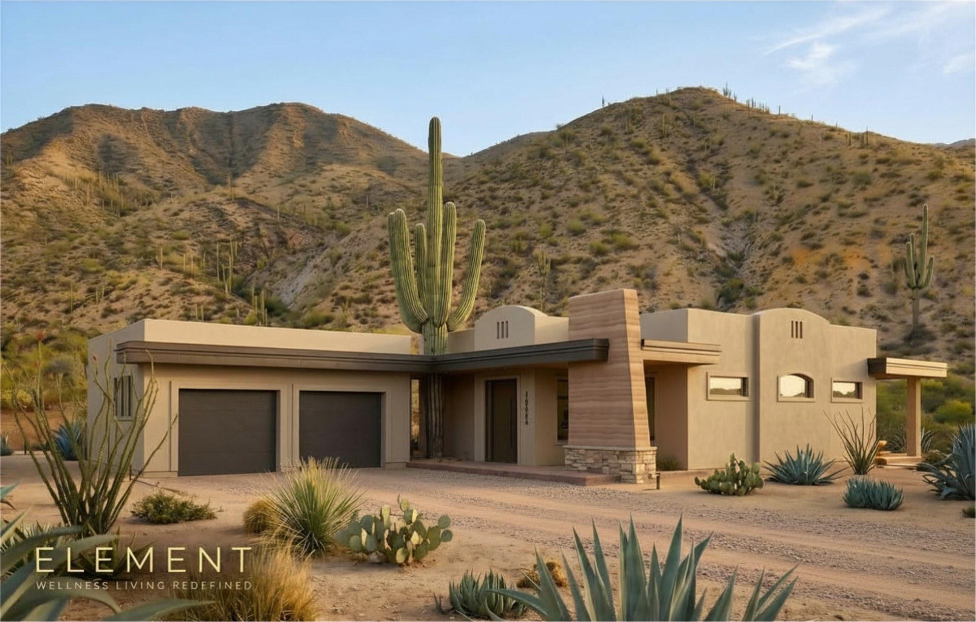ELEMENT ONE Santa Fe elevation rendering with rammed-earth accent column