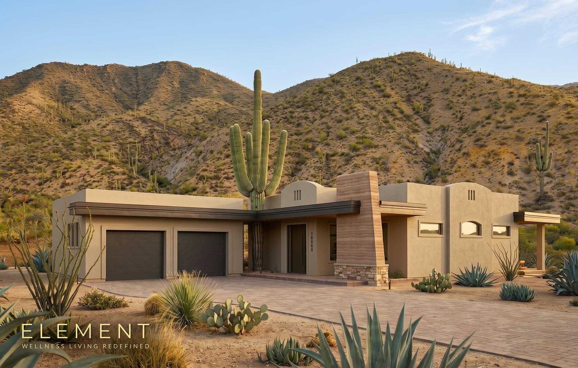 ELEMENT by SENERGY360 ONE 1,880 sf model, Santa Fe elevation with two-car garage and rammed-earth accent column