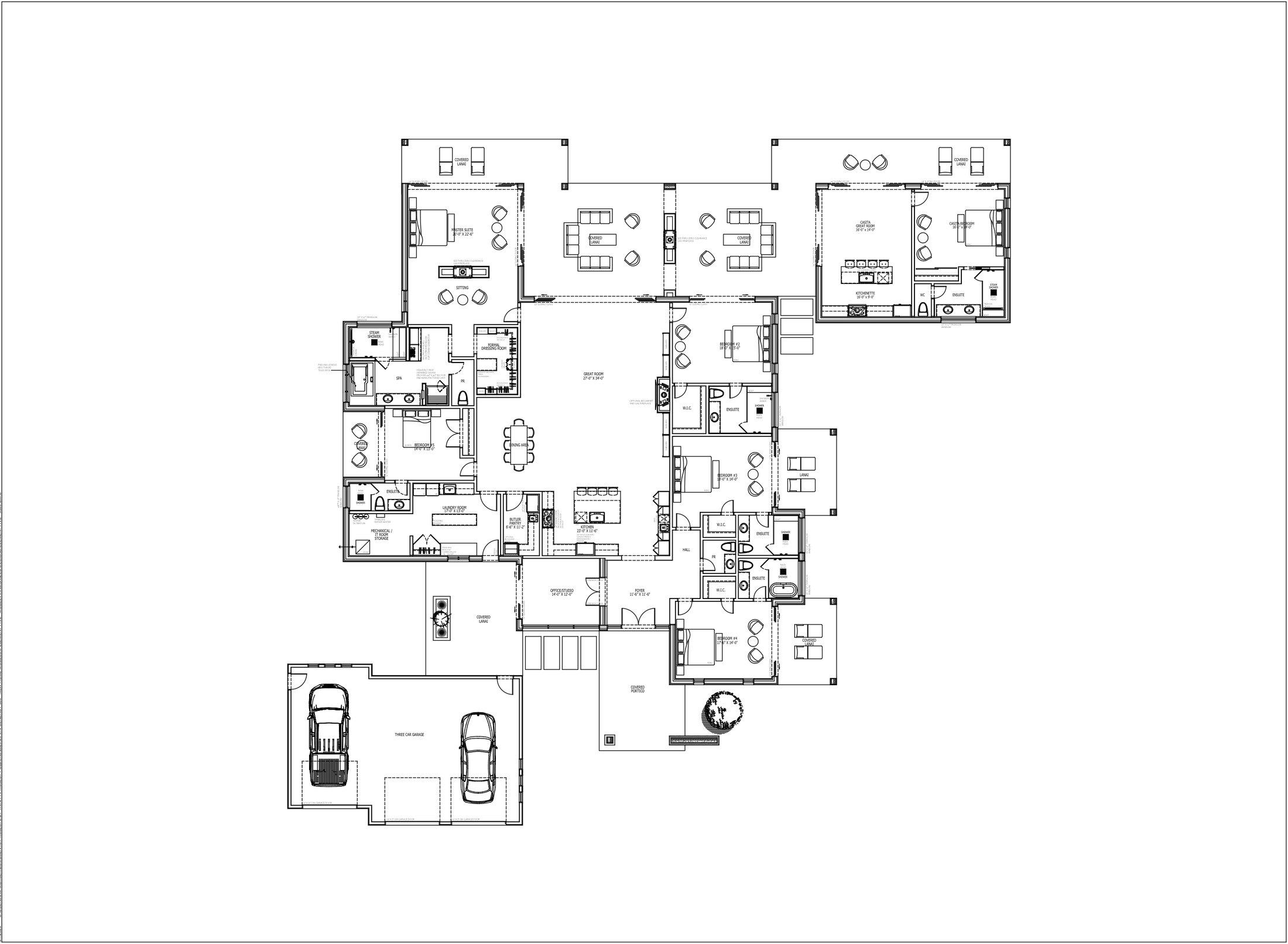 ELEMENT FIVE 5,844 sf floor plan: five bedrooms plus detached casita with kitchenette and ensuite