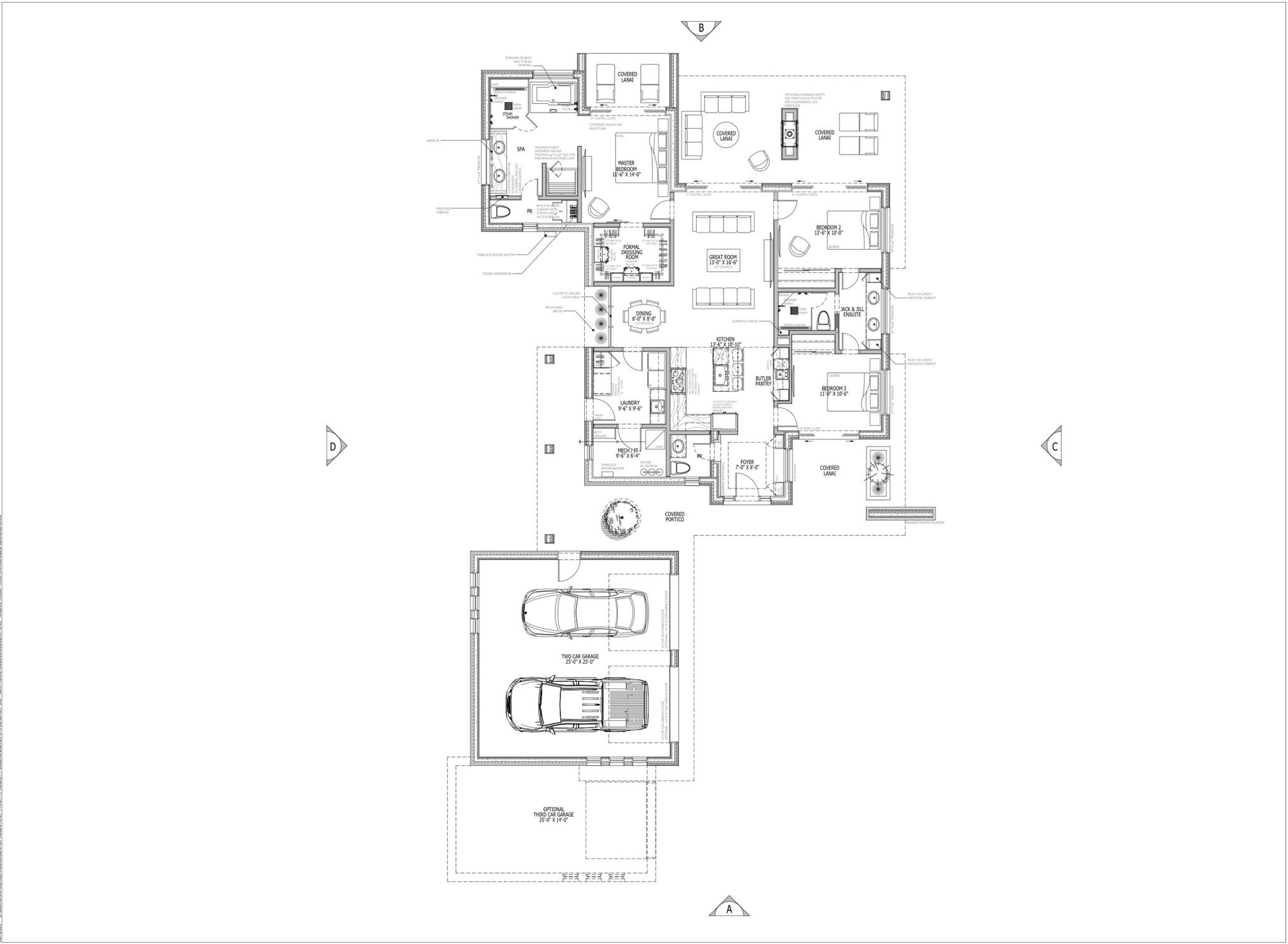 ELEMENT ONE 1,880 sf floor plan: three bedrooms, spa with steam shower and infrared sauna, great room, and two-car garage with optional third bay
