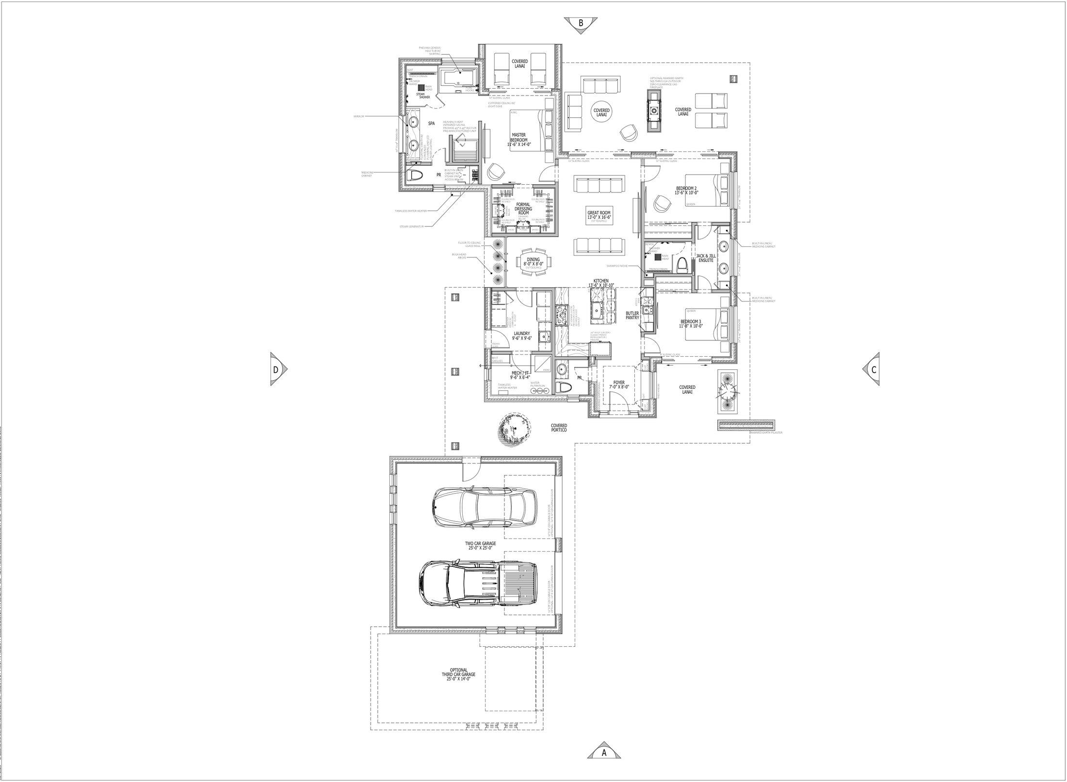 ELEMENT ONE 1,880 sf floor plan: three bedrooms, spa with steam shower and infrared sauna, great room, and two-car garage with optional third bay