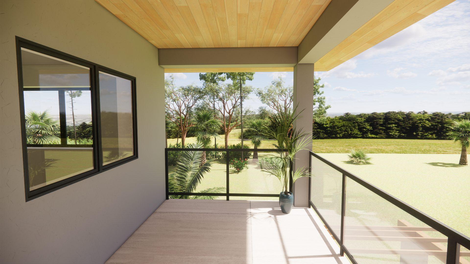 South balcony rendering with a wood-clad ceiling, glass railing, and treetop views