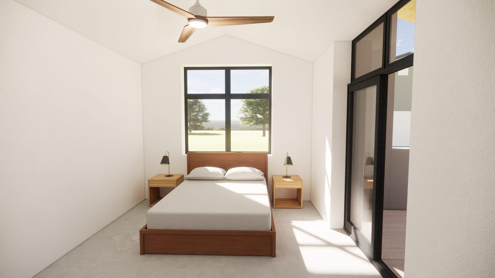 Bedroom rendering with a vaulted ceiling following the roof pitch, a window centered on the bed wall, and sliding glass to the outside