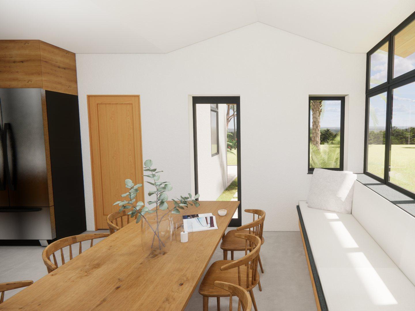 Dining rendering looking back toward the kitchen, with the table alongside the upholstered window seat