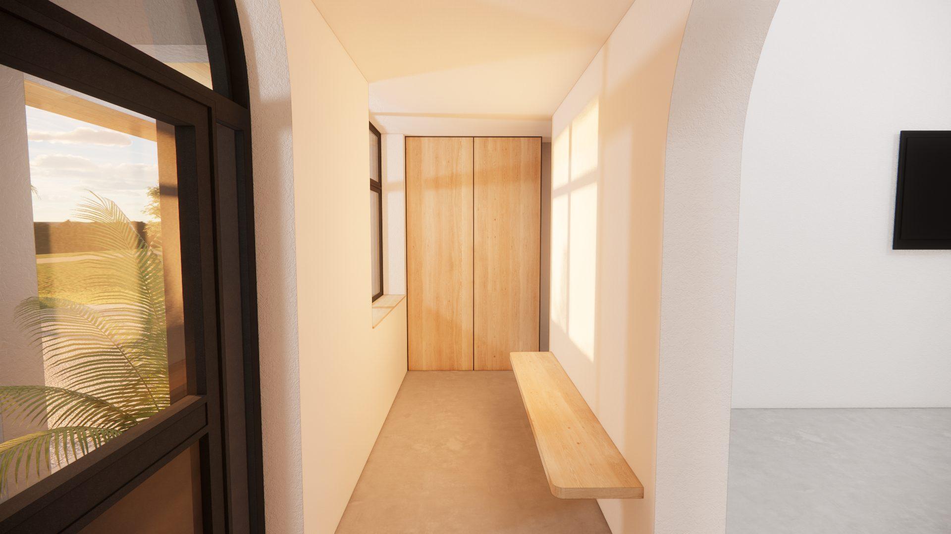 Entry hall rendering with floating wood bench, full-height wood doors, and an arched glass front door