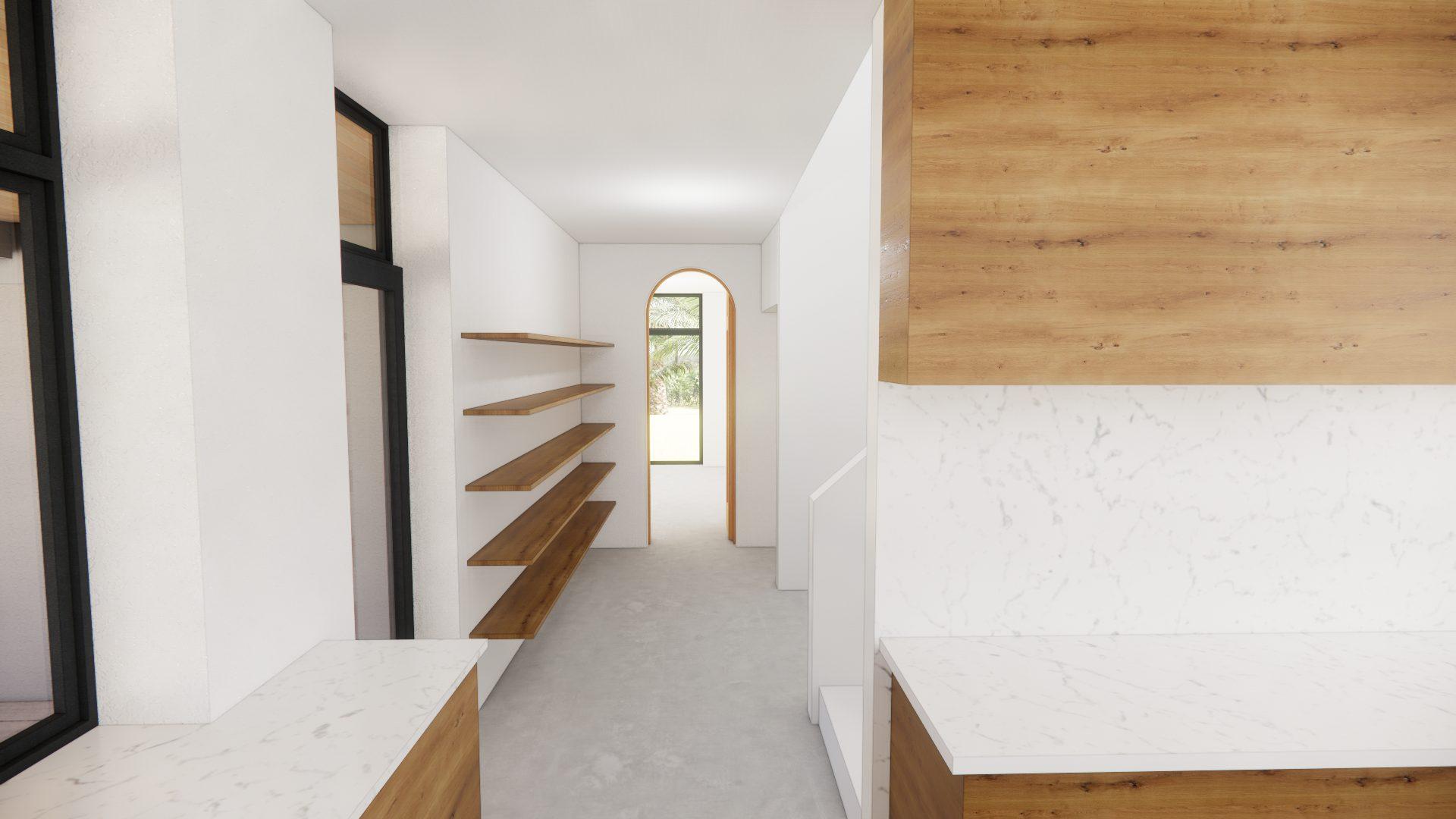 Hall rendering with floating wood shelves on one side and marble-topped built-ins on the other, ending at an arched door