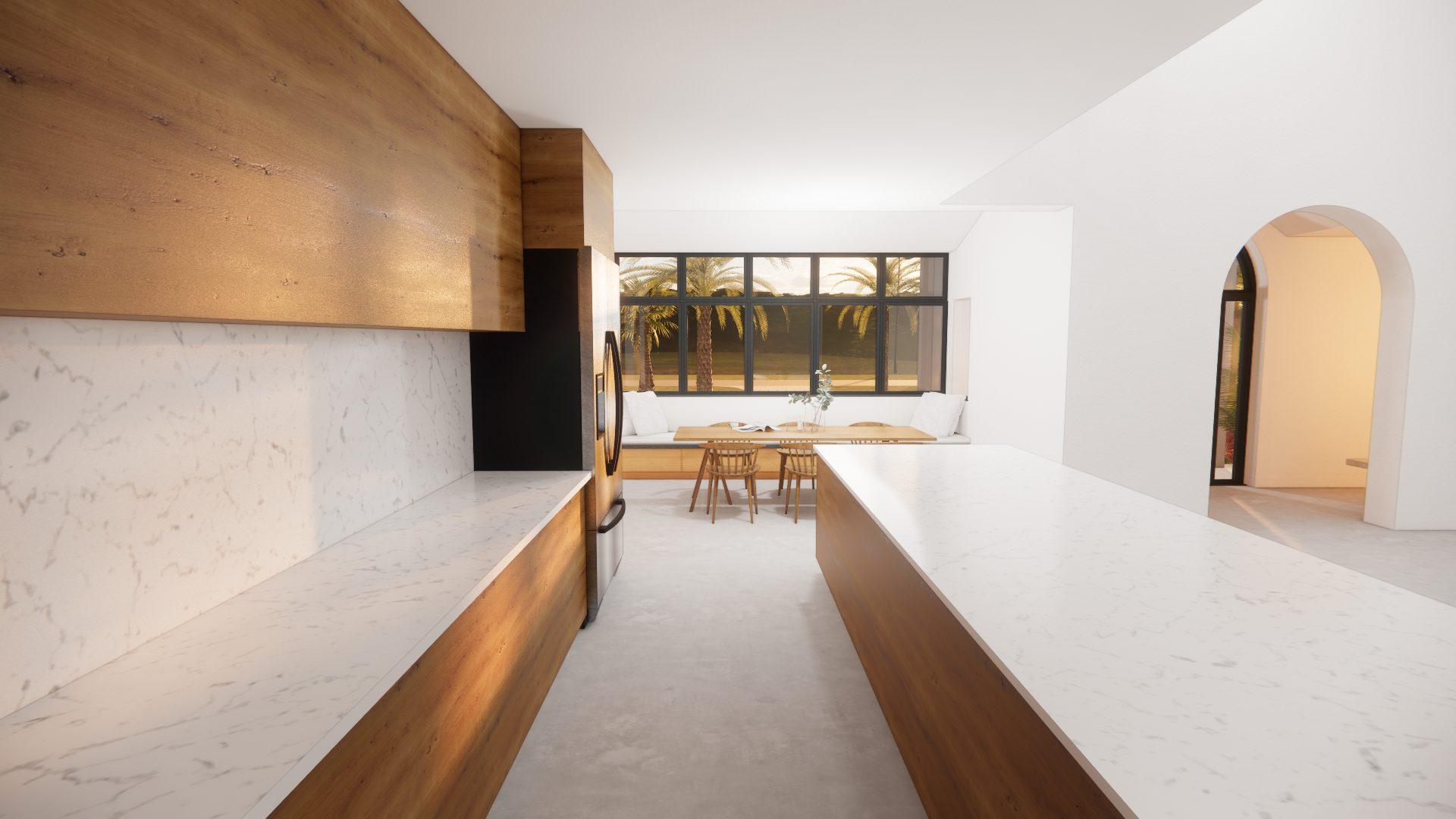 Kitchen rendering with a long marble-topped island on a wood base, wood upper cabinetry, and a marble backsplash